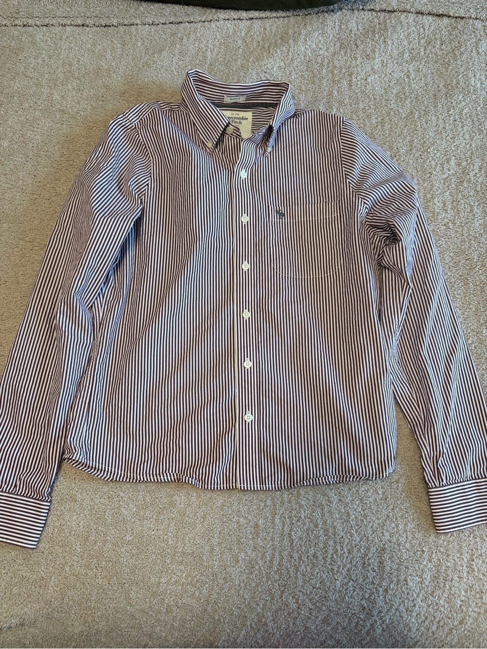 Abercrombie & Fitch Men's Muscle Fit Striped Button Down Shirt Burgundy Large